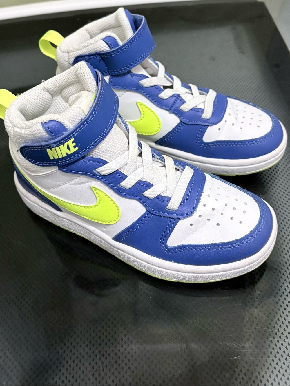 Nike Court Burough Mid Top Sneakers in White, Blue & Volt Toddler Sz 11k